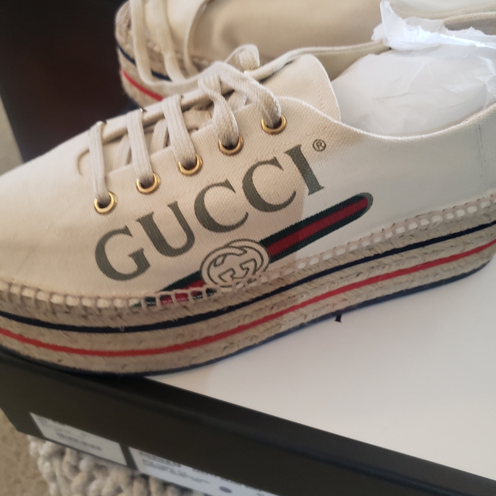 Gucci Cream Canvas Platform Espadrilles with Red and Navy Stripes - Picture 6 of 8